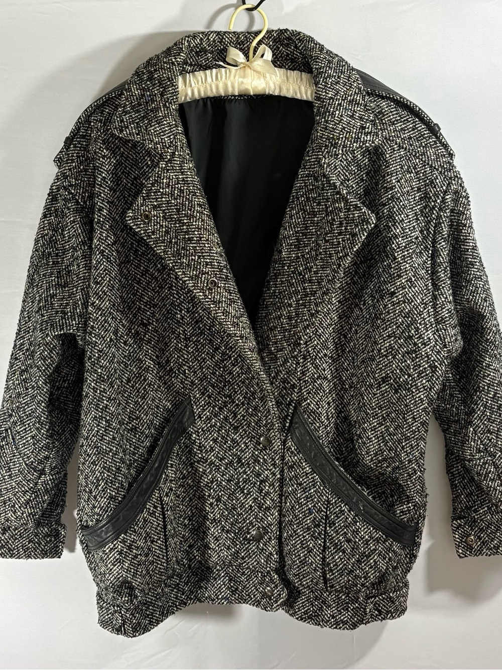 Womens Black & White Herringbone Pea Coat with Leather Trim